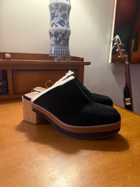 Bernardo Black Suede Faux-Fur Lined Clog Mules